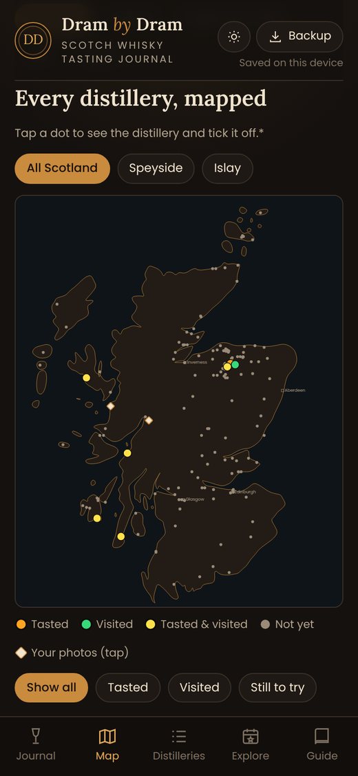 The distillery map with tasted and visited dots